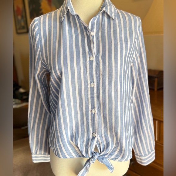 Lola River Tencel Linen Women’s Button Tie Front Collared Pockets Striped Shirt - Picture 2 of 11